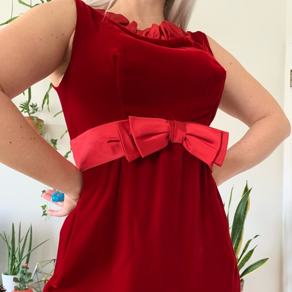 Vintage 60s red velvet mini dress satin bow S - Picture 5 of 6